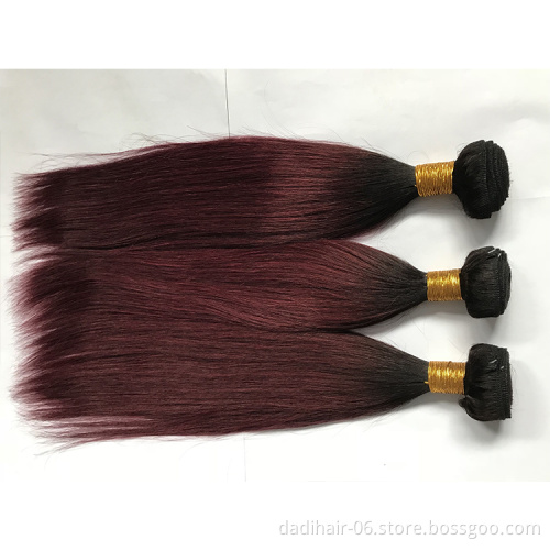 two tone ombre color dark red straight hair weave, natural Brazilian hair